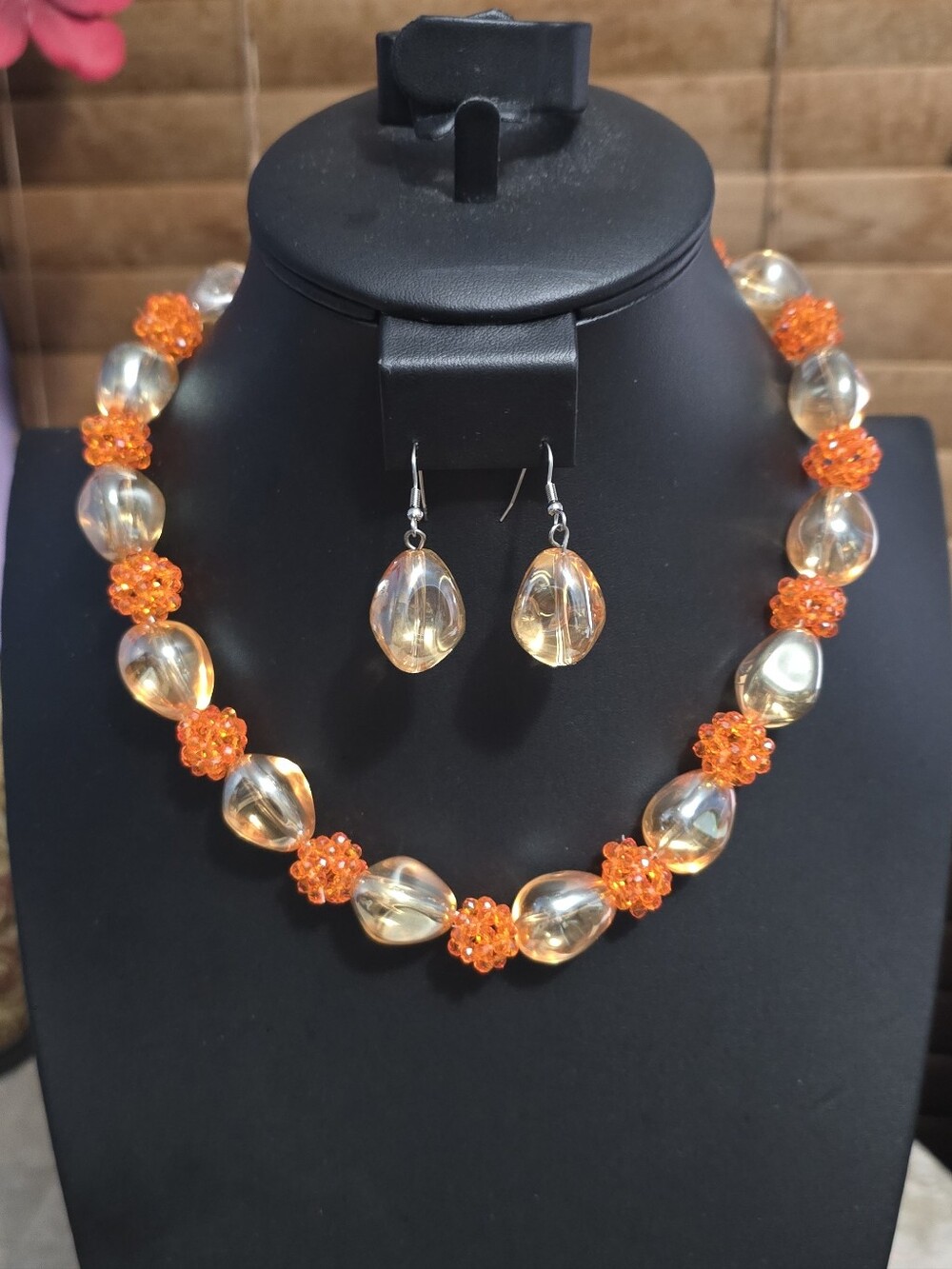 Handmade Amber & Orange Glass Beaded Necklace and Earring Set